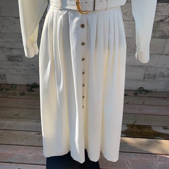 Vintage 80s 90s Full Button Belted Long Dolman Sleeve Pleated Midi Dress - Picture 4 of 16